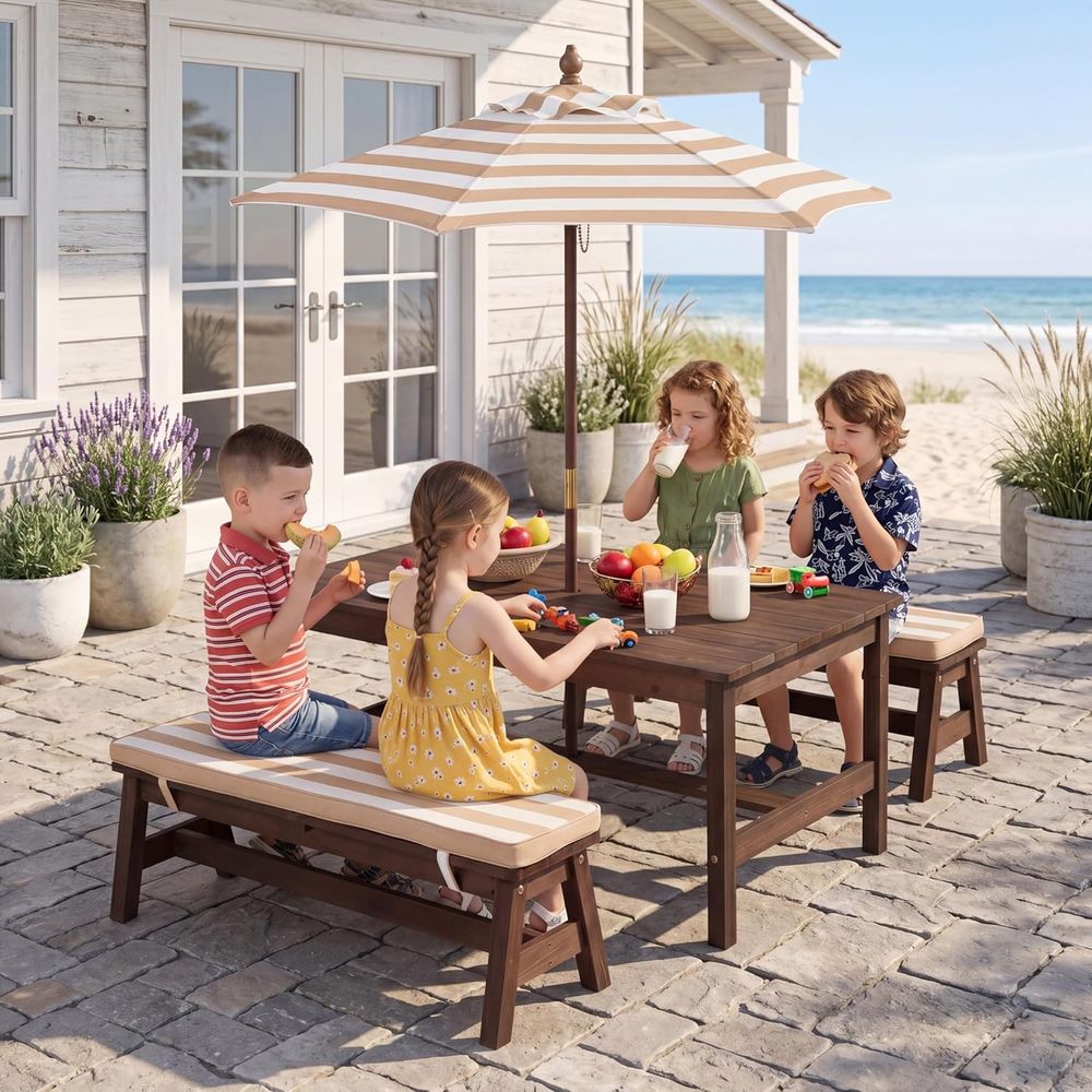 Kids Outdoor Table With Umbrella - طاولة نزهة للأطفال، سطح طاولة كبير