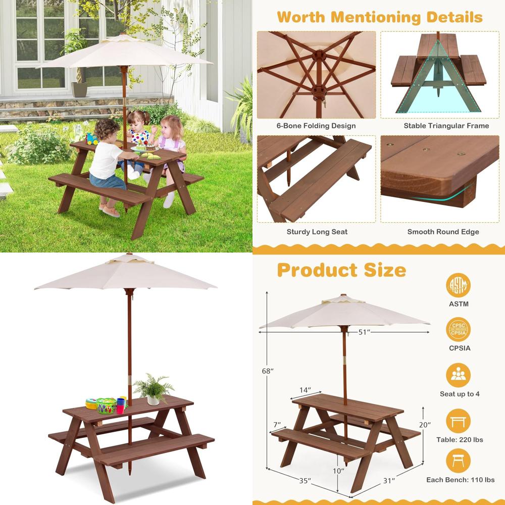 Kids Outdoor Table With Umbrella - طاولة نزهة خشبية متينة للأطفال مع