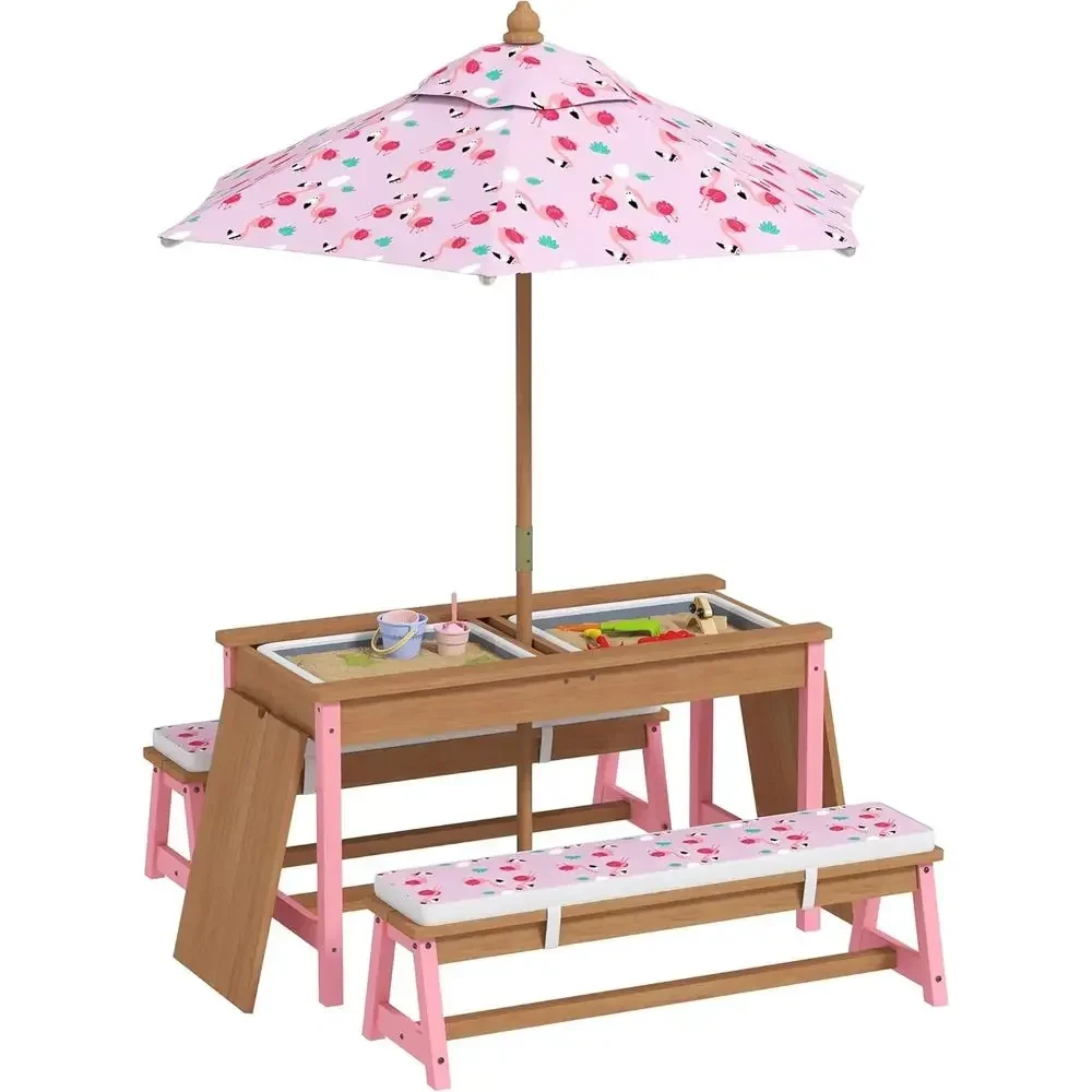 Kids Outdoor Table With Umbrella - طقم طاولة نزهة خشبية مع مظلة