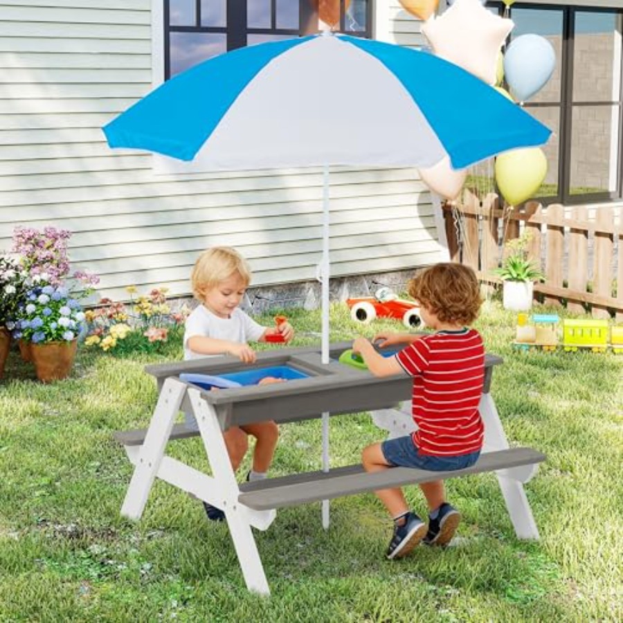 Kids Outdoor Table With Umbrella - طاولة نزهة خشبية للأطفال للاستخدام في