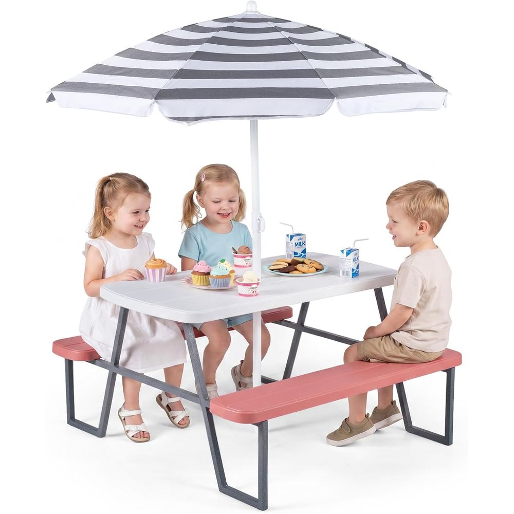 Kids Outdoor Table With Umbrella - طاولة نزهة للأطفال، طاولة ومقعد خارجي