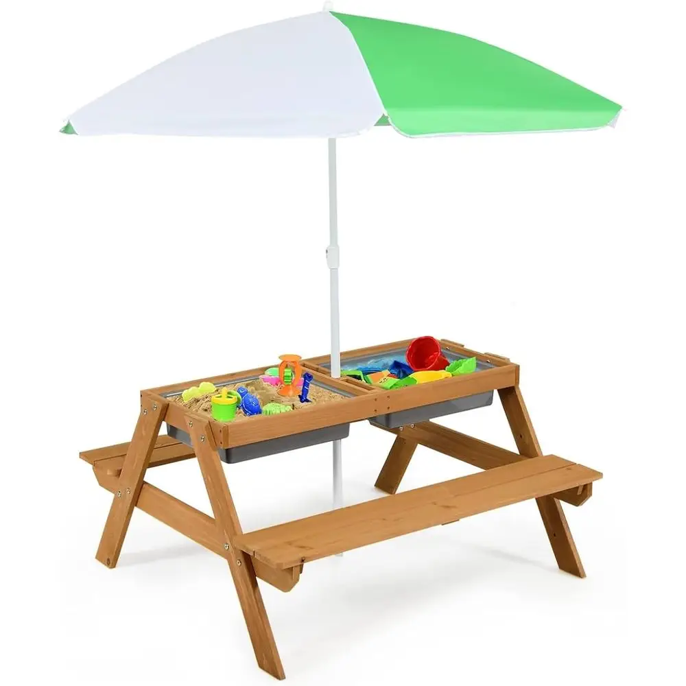 طاولة نزهة خشبية 4 في 1 للرمل  - مراجعة Kids Outdoor Table With Umbrella وسعره