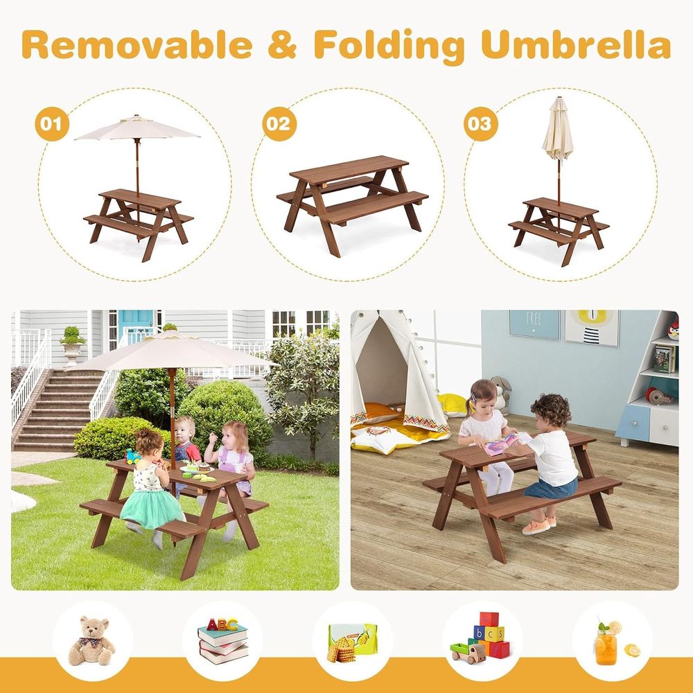 طاولة نزهة خشبية متينة للأطفال - مراجعة Kids Outdoor Table With Umbrella وسعره