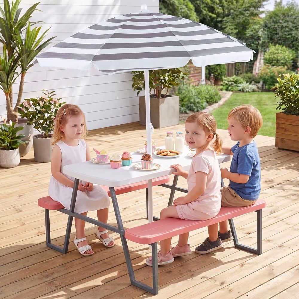 طاولة نزهة للأطفال، طاولة ومقع - مراجعة Kids Outdoor Table With Umbrella وسعره