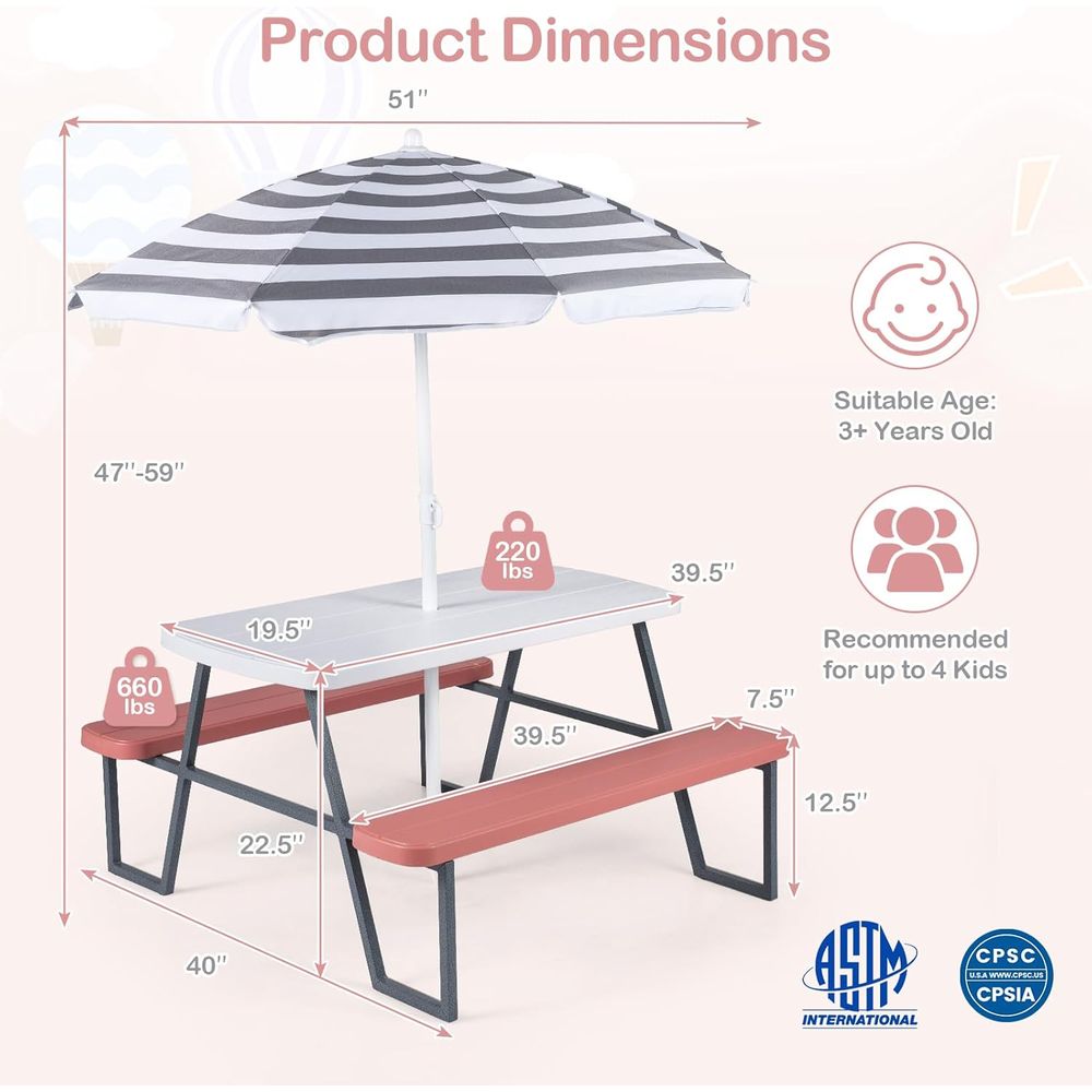 طاولة نزهة للأطفال، طاولة ومقع - مراجعة Kids Outdoor Table With Umbrella وسعره
